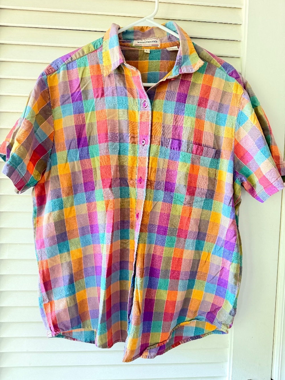 Vintage Westbound Casual Madras Plaid Shirt L Rainbow Cotton 90s Colorful